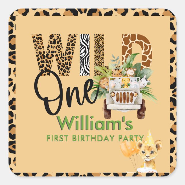 Sticker Carré Wild One Safari Animaux premier anniversaire garço (Devant)