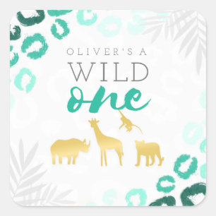 Sticker Carré Wild One Safari Blue et Gold Leopard 1er anniversa