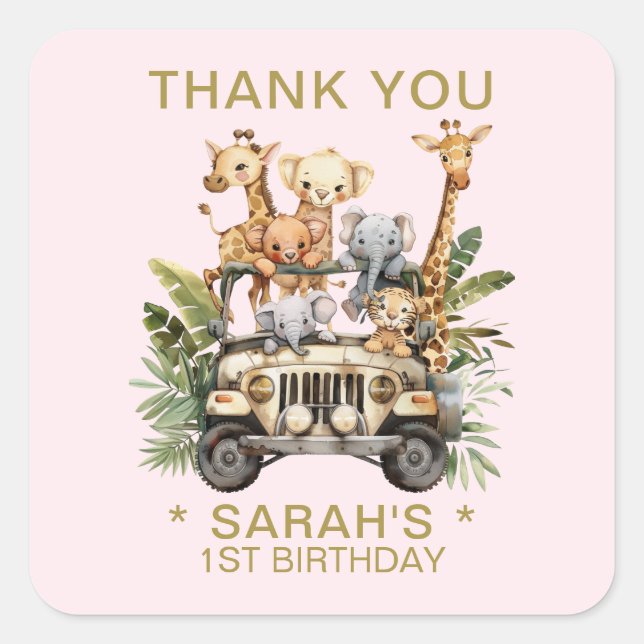 Sticker Carré Wild One Safari Jungle 1er anniversaire Merci rose (Devant)