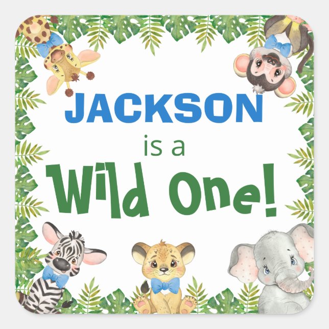 Sticker Carré Wild One Safari Zoo Animaux Garçon premier anniver (Devant)