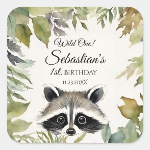 Sticker Carré Wild One Woodland Raccoon fête d'anniversaire