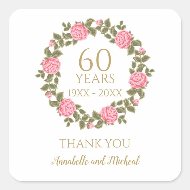 Sticker Carré WILD ROSES Floral Garland 60e Mariage merci (Devant)