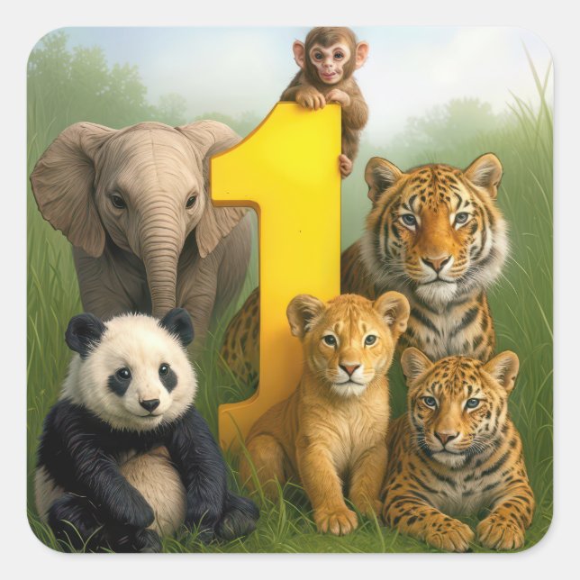 Sticker Carré Wildlife Animal Babies With a Number One (Devant)