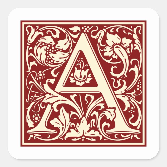 Sticker Carré William Morris Lettre A Monogramme Rouge initial (Devant)