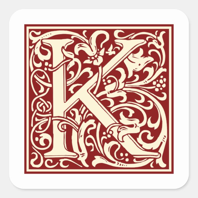 Sticker Carré William Morris Lettre K Monogramme Rouge initial (Devant)