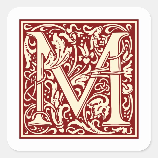 Sticker Carré William Morris Lettre M Monogramme Rouge initial (Devant)