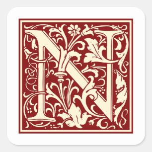 Sticker Carré William Morris Lettre N Monogramme Rouge initial