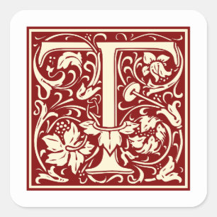 Sticker Carré William Morris Lettre T Monogramme rouge initial