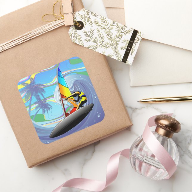 Sticker Carré WindSurfer sur Big Ocean Waves (Cadeaux)