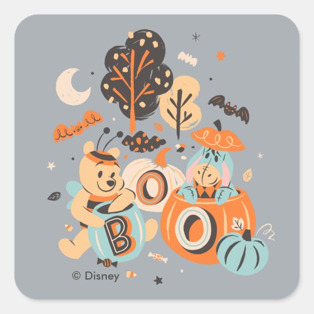 Sticker Carré Winnie l'Ourson et le Boo d'Halloween d'Eeyore ! (Devant)