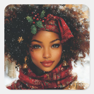 Sticker Carré Winter Glow Afrocentric Queen – Holiday Art
