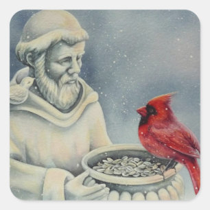 Sticker Carré Winter Red Cardinal Bird St Francis Aquarelle Art