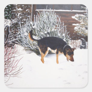 Sticker Carré Winter snow scene with cute black and tan dog