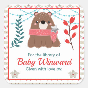 Sticker Carré Winter Woodland Bear Baby Library Plaque d'accueil