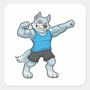 Sticker Carré Wolf comme Bodybuilder avec les gros bras supérieu