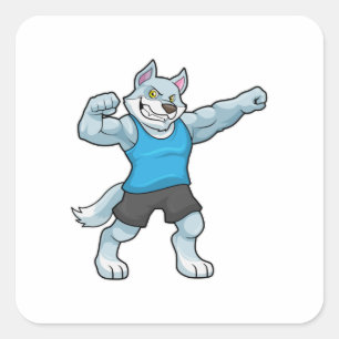 Sticker Carré Wolf comme Bodybuilder avec les gros bras supérieu