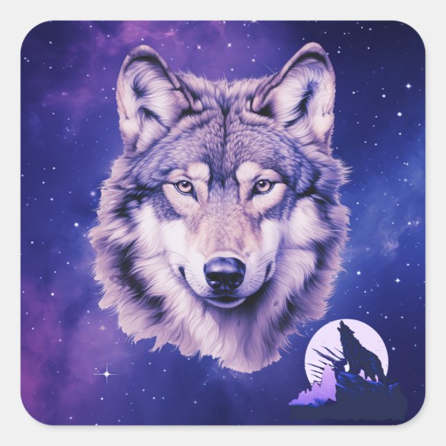 Sticker Carré Wolf Galaxy Stars Cosmique fête d'anniversaire (Devant)