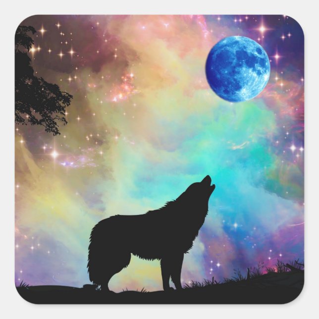 Sticker Carré Wolf Howling à la lune Galaxy Stars Animal (Devant)