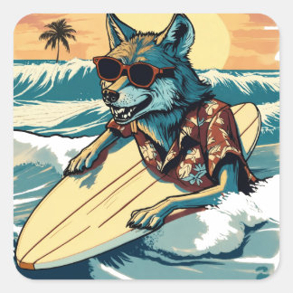 STICKER CARRÉ WOLF SUR LA PLAGE D'HAWAII POUR VACANCES D'ÉTÉ