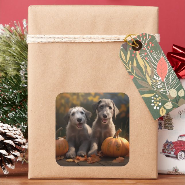 Sticker Carré Wolfhound Chiot Automne Citrouille de plaisir (vacances)