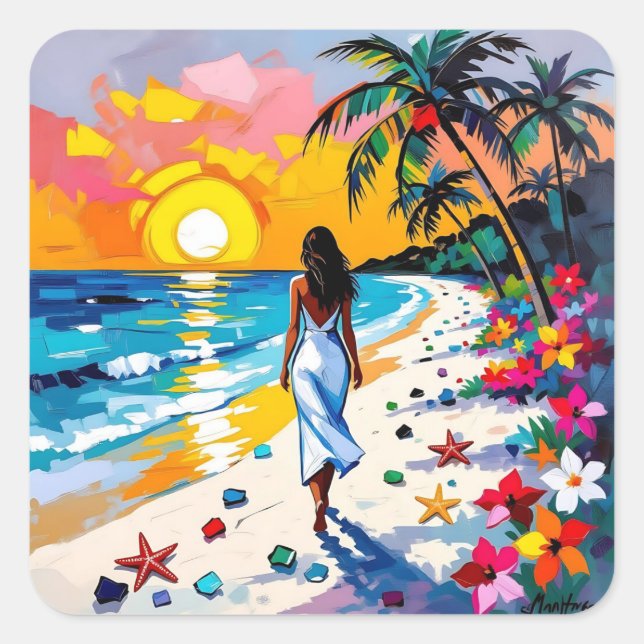 Sticker Carré Woman on Beach Tropical Scene (Devant)