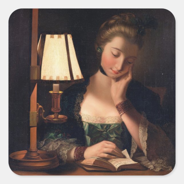 Sticker Carré Woman reading by a Paper-bell Shade, 1766 (Devant)