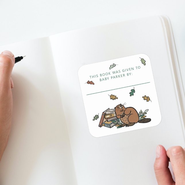 Sticker Carré Woodland Beaver Storybook Baby Bookplaques (Woodland Storybook Baby Shower Bookplate )