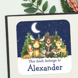 Sticker Carré Woodland Forest Animals Trees Sky Bookplate Étique