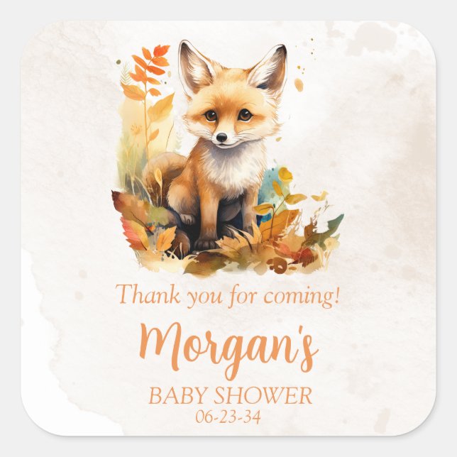 Sticker Carré Woodland Fox mignonne Baby shower Faveurs (Devant)