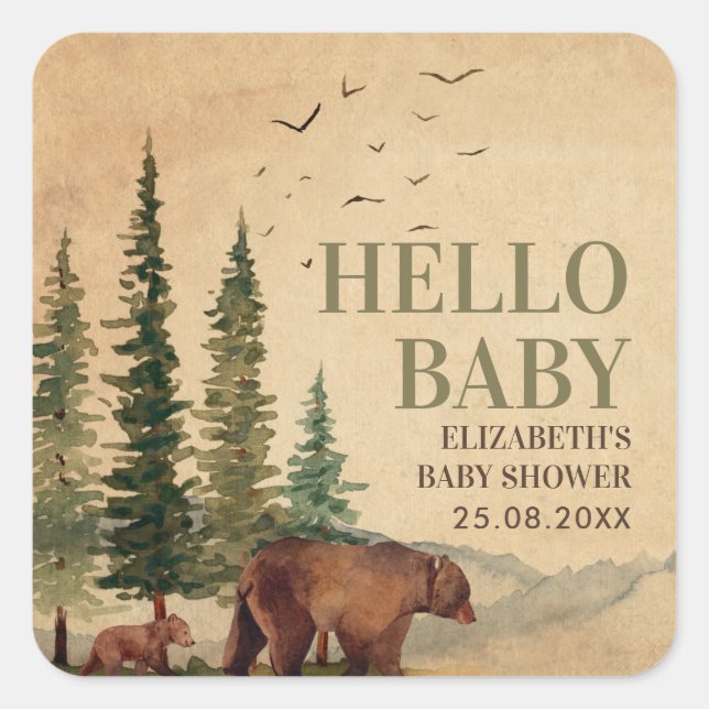 Sticker Carré Woodland Mama Bear & Cub Baby shower (Devant)