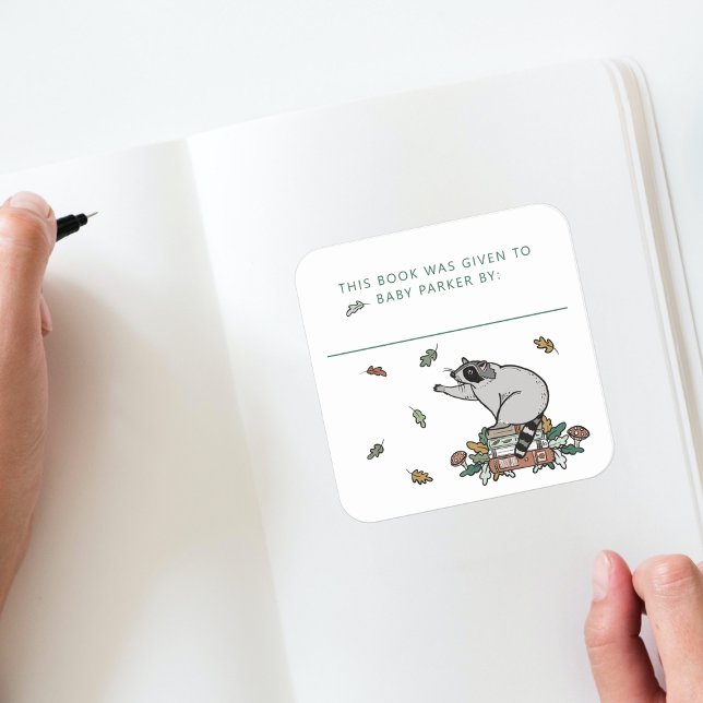 Sticker Carré Woodland Raccoon Storybook Baby Bookplaques (Woodland Storybook Baby Shower Bookplate )
