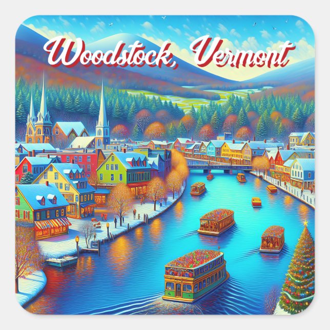 Sticker Carré Woodstock, Vermont à l'heure de Noël (Devant)