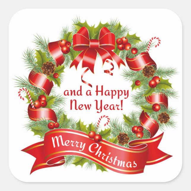 Sticker Carré Wreath : Joyeux Noël et une bonne année !, (Devant)
