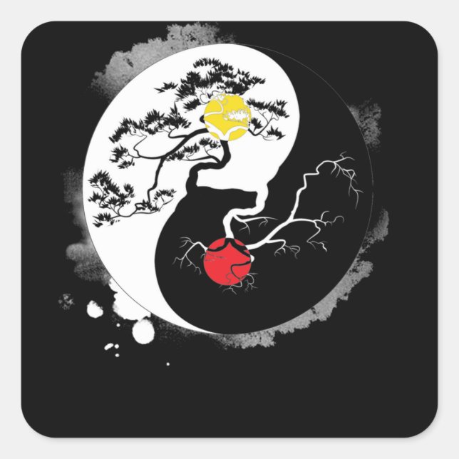 Sticker Carré Yin Yang Bonsai Tree Japonais Bouddhiste Zen (Devant)