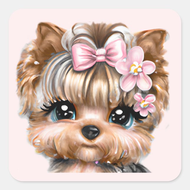 Sticker Carré Yorkie mignonne avec une corse rose (Devant)
