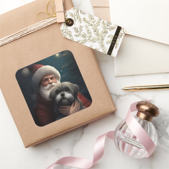 Sticker Carré Yorkipoo avec Noël Festif du Père Noël (Cadeaux)