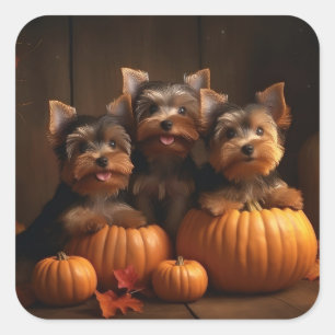 Sticker Carré Yorkshire Terrier Chiot Automne Citrouille délice