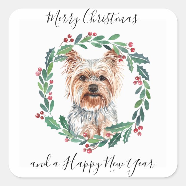 Sticker Carré Yorkshire Terrier Elegant Chien Joyeux Noël (Devant)