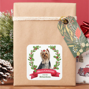 Sticker Carré Yorkshire Terrier Holly Wreath Noël