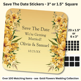 Sticker Carré Your Names, Save The Date, Golden Yellow Flowers