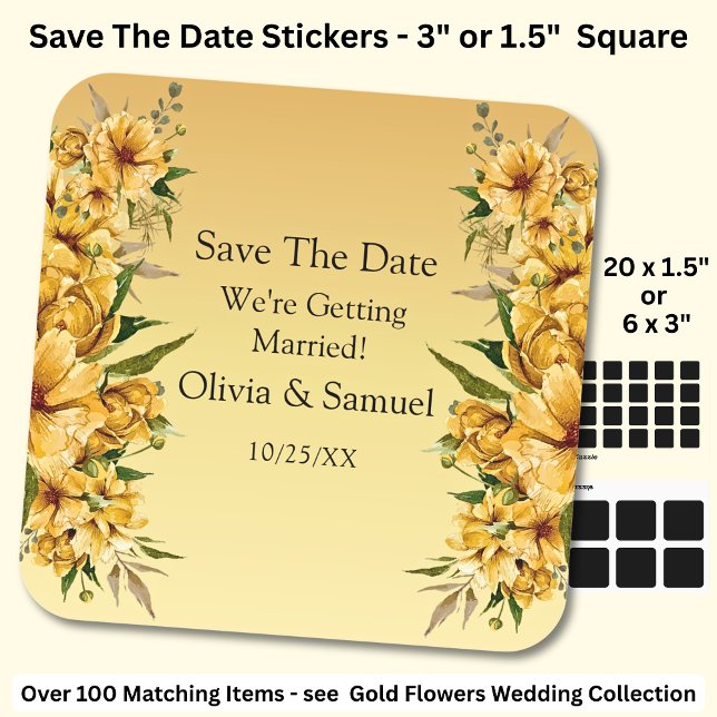 Sticker Carré Your Names, Save The Date, Golden Yellow Flowers (Créateur téléchargé)