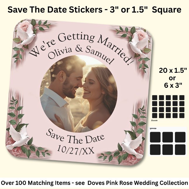 Sticker Carré Your Photo, Save The Date, Pink Roses & Doves (Créateur téléchargé)