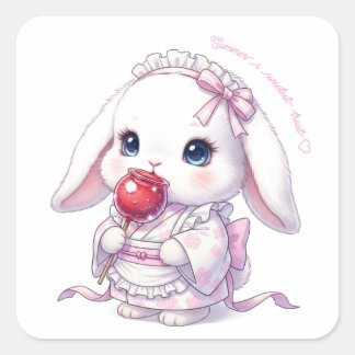 Sticker Carré Yukata Bunny with Apple Candy - Pink Pastel Ribbon