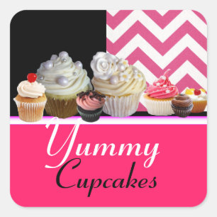 STICKER CARRÉ YUMMY ANNIVERSAIRE CUPCAKES / CHEVRON BLANC ROSE