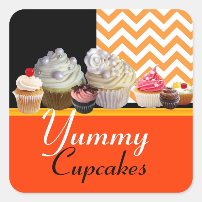 STICKER CARRÉ YUMMY ANNIVERSAIRE CUPCAKES / ORANGE CHEVRON BLANC (Devant)