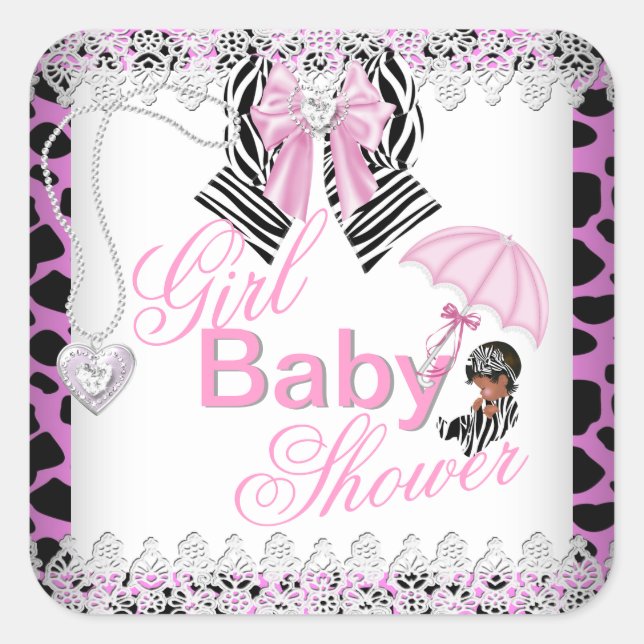 Sticker Carré Zebra rose fille Baby shower afro-américain (Devant)