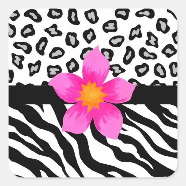 Sticker Carré Zèbre noir & blanc & Cheetah Peau & Fleur rose (Devant)