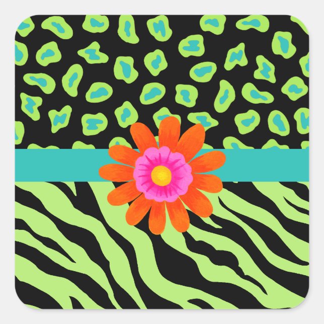 Sticker Carré Zèbre vert, noir et Turquoise & Fleur orange Cheet (Devant)