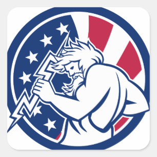 Sticker Carré Zeus Avec Thunderbolt USA Icône Drapeau