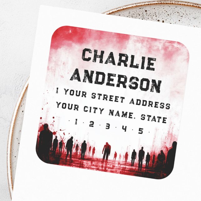 Sticker Carré Zombie thème rouge noir Halloween adresse de retou (Zombie themed red black Halloween return address Square Sticker)